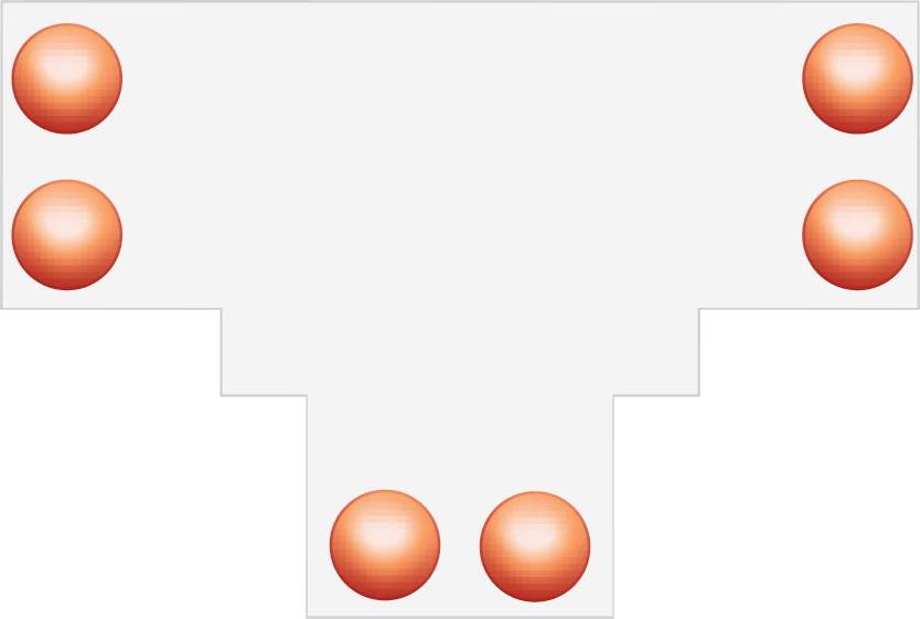 Diagramme d'une plateforme blanche en forme de T avec six marqueurs circulaires orange : deux en haut à gauche, deux en haut à droite, et deux centrés en bas.
