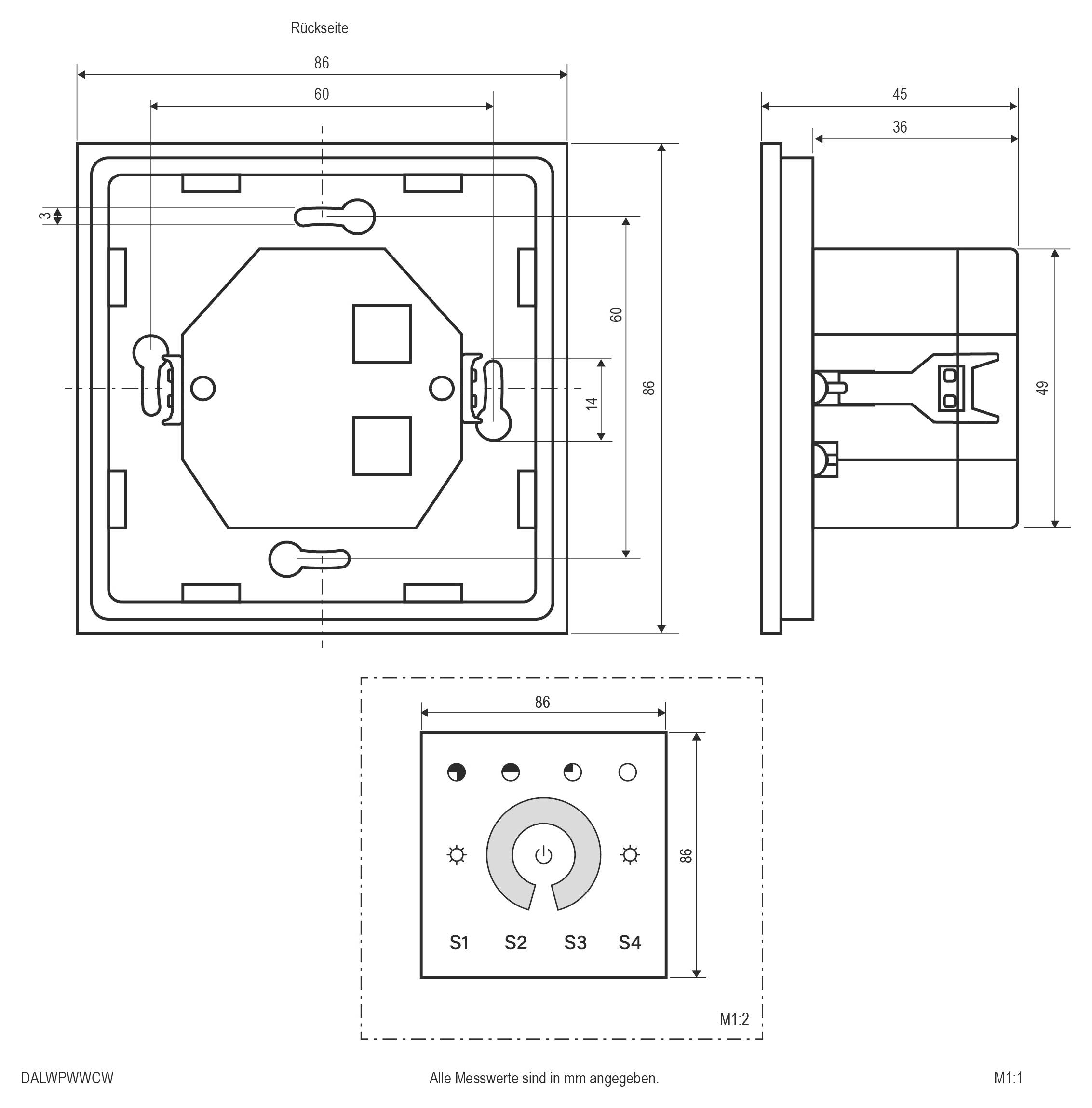 Dessin technique de mécanisme d'interrupteur mural carré avec vues de face, de côté et de dos, étiqueté en millimètres (M1:1).