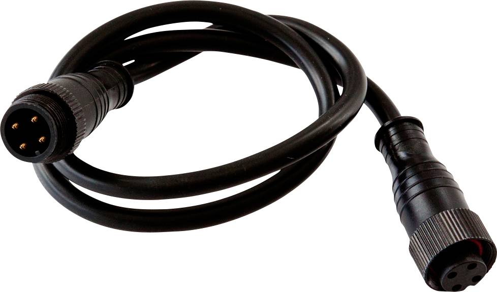 Câble enroulé noir avec des connecteurs multi-broches ronds aux deux extrémités sur un fond blanc.