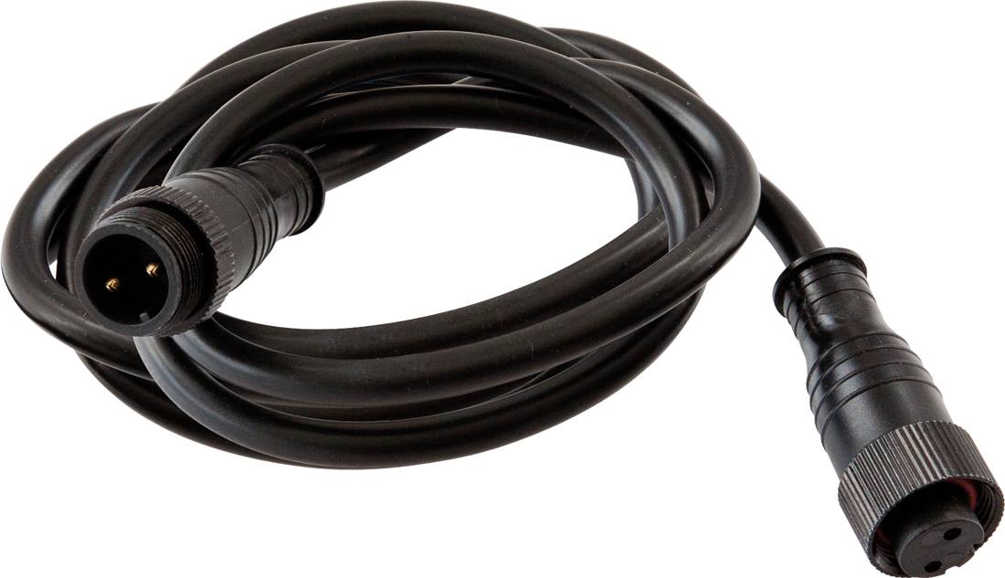 Câble noir enroulé imperméable avec des connecteurs ronds aux deux extrémités, présenté sur un fond blanc.