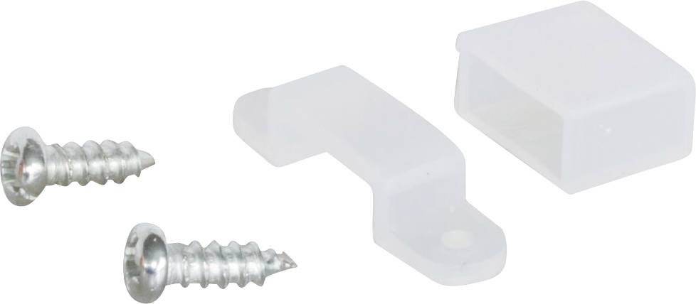 Trois matériels de fixation : une vis métallique à gauche et deux clips en L en plastique translucide à droite.