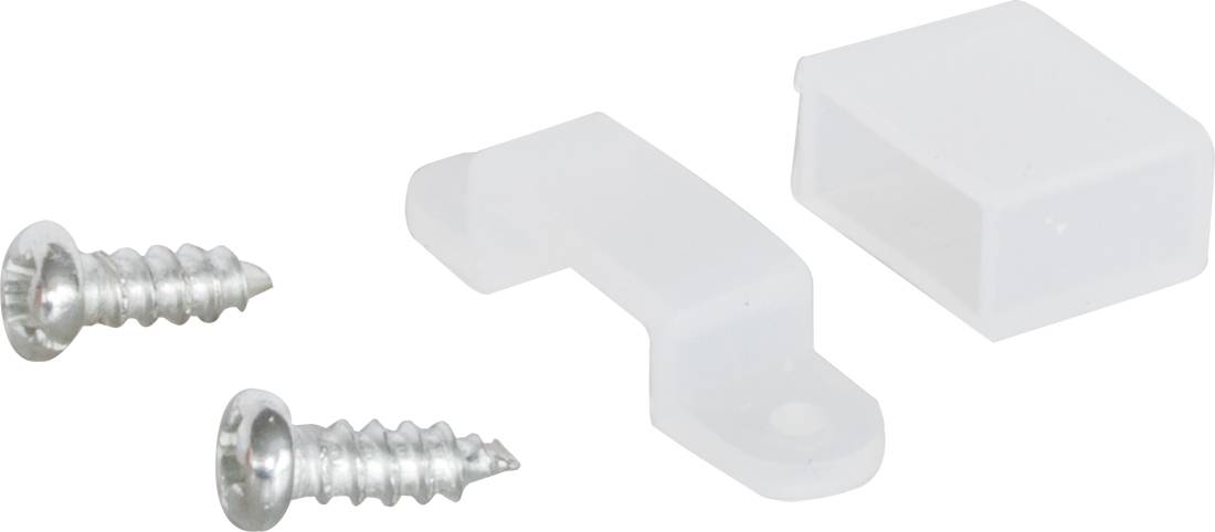 Trois pièces d'un assemblage de fixation : deux vis en argent et une équerre en plastique transparent en forme de L avec un bloc de couverture rectangulaire.