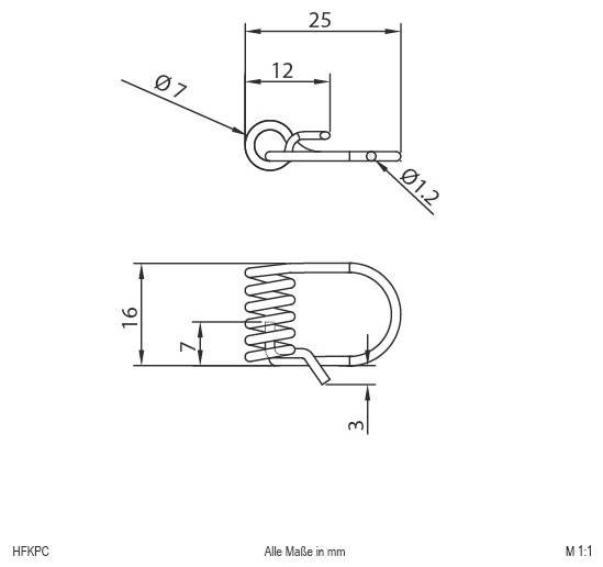 Dessin technique d'un clip à ressort avec dimensions en millimetres : 25 de largeur, 16 de hauteur, 7 et 12 mesures internes, diamètre du fil Ø1,2 et boucle Ø7.