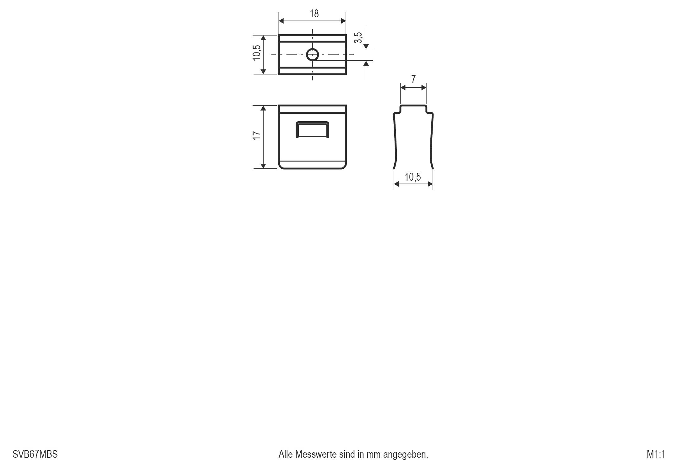 Dessin technique d'une petite pièce mécanique rectangulaire présentée en trois vues, avec des dimensions étiquetées 18, 10,5, 17, 7 et 14,5 mm.