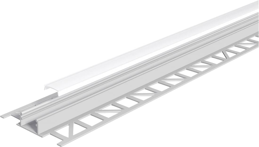 Profil de finition en métal blanc pour carreaux avec bride à maille perforée pour sécuriser les bords du plâtre ou des carreaux, présenté sur un fond blanc.