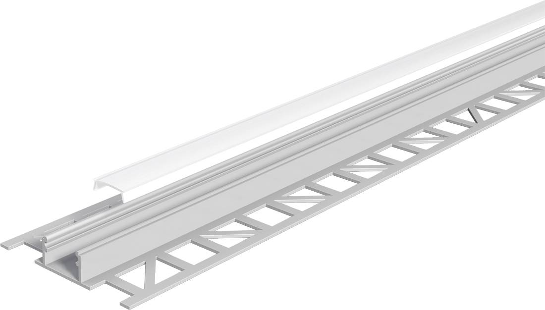 Profilé d'extrusion en aluminium blanc trois pièces avec un canal de montage rainuré et un panneau latéral en treillis décoratif, présenté en perspective sur un fond blanc
