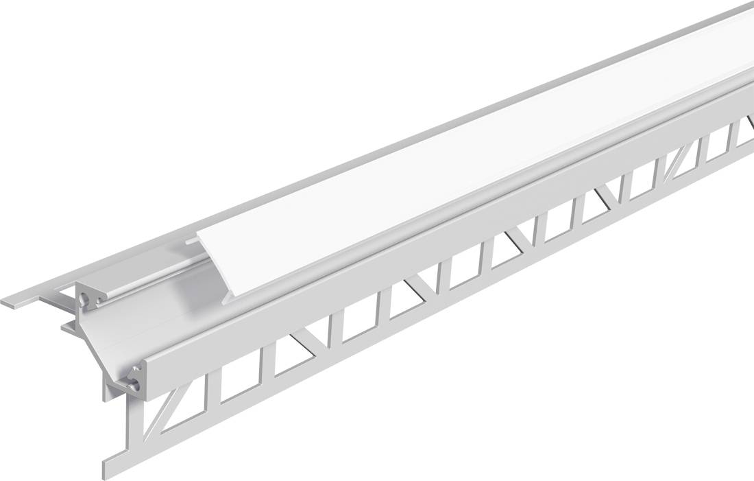 Profilé de finition d'angle en aluminium blanc avec une bride perforée et un couvercle incliné, utilisé pour finir et protéger l'arête d'un bâtiment.