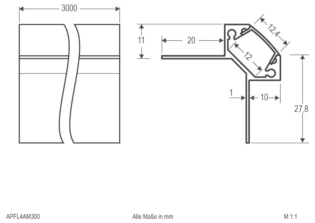 Dessin technique de profil de joint flexible, montrant une longueur de 3000 mm et une coupe transversale avec des mesures étiquetées en millimètres.