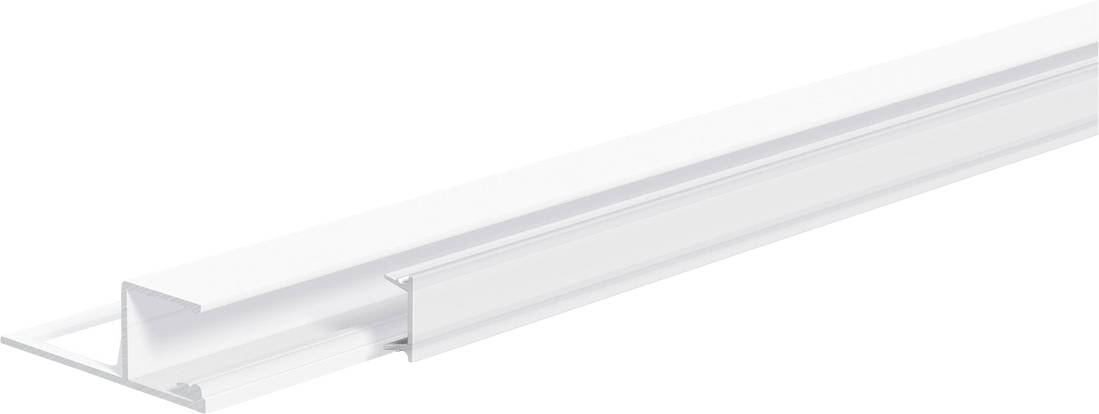Luminaire linéaire transparent avec un long couvercle transparent et un canal central, présenté en perspective sur un fond blanc.