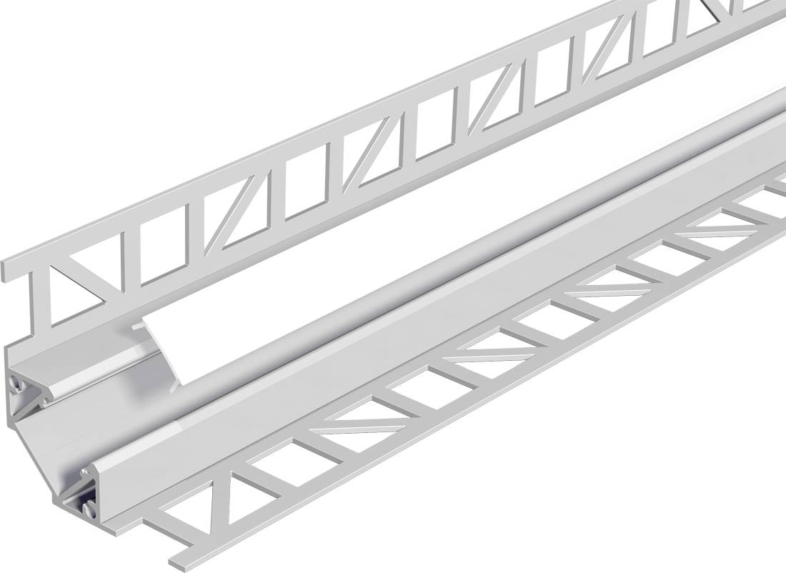 Rendu 3D d'une piste métallique ou d'un canal avec une longue bande blanche à l'intérieur, présenté en perspective sur un fond blanc.