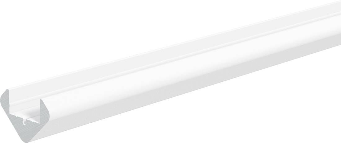 Bande de bordure ou canal en plastique transparent présenté en diagonale sur fond blanc.