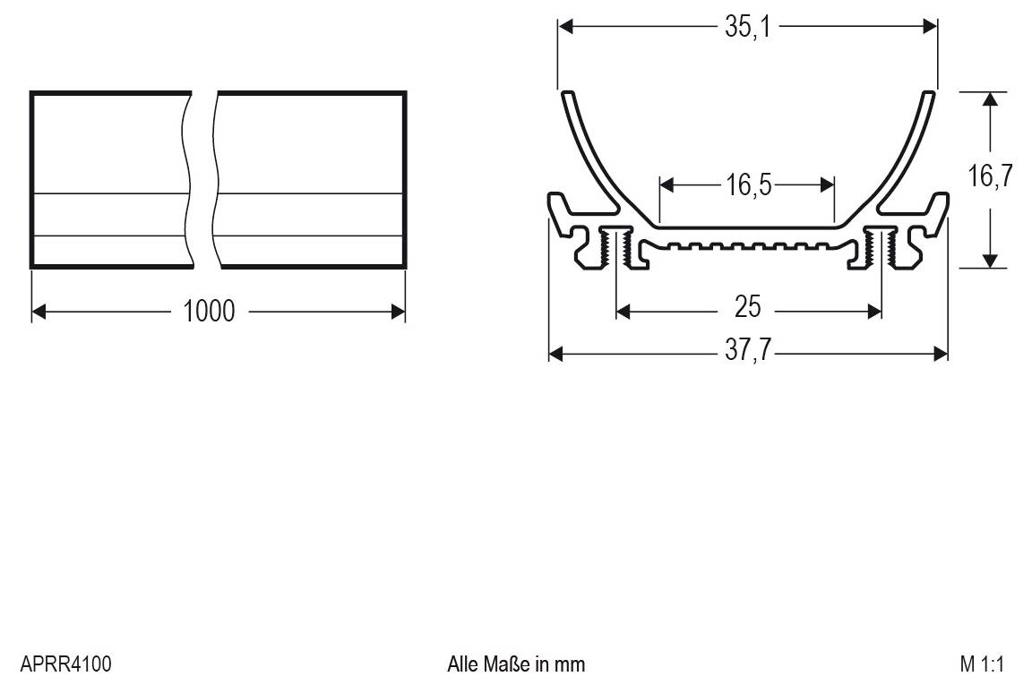 Dessin technique d'un profil fendu : longueur totale de 1000 mm et mesures de section transversale de 35,1, 16,5, 16,7, 25 et 37,7 mm, toutes les dimensions étiquetées en millimètres.