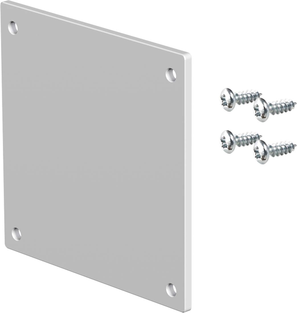 Une plaque de métal carrée vierge avec quatre trous aux coins, illustrée avec quatre vis argentées pour le montage.