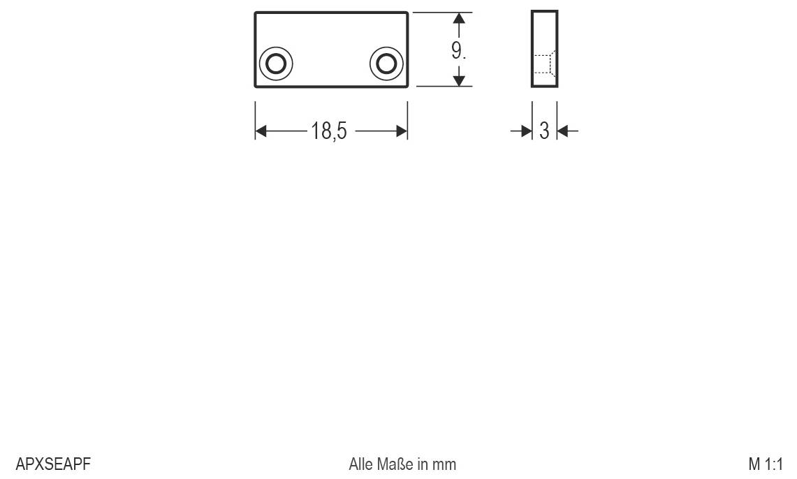 Dessin technique d'une plaque rectangulaire avec deux trous, de largeur 18,5 mm, hauteur 9 mm et épaisseur 3 mm ; toutes les mesures en mm.