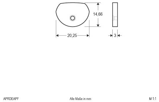 Dessin technique d'une pièce en demi-ovale arrondie avec trou central, montrant les dimensions 20,25 mm de largeur, 14,66 mm de hauteur et 3 mm d'épaisseur.