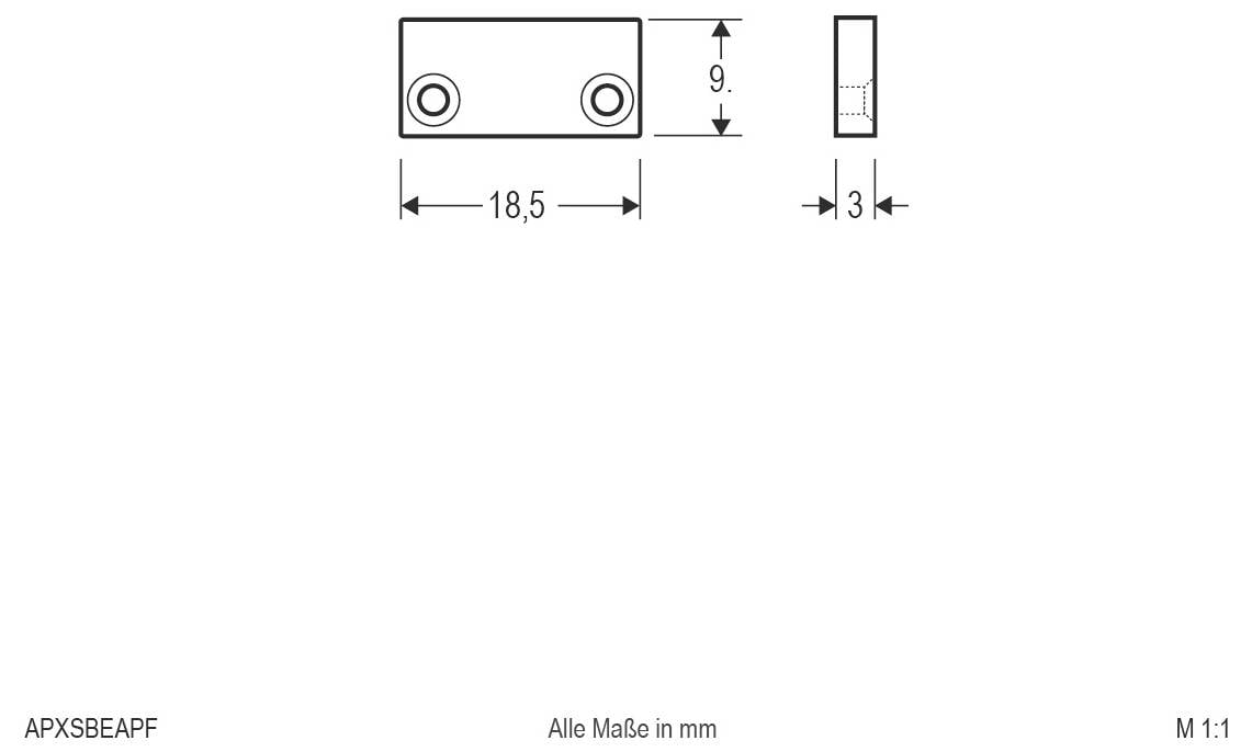 Dessin technique d'une pièce rectangulaire avec deux trous, montrant les dimensions 18,5 mm de largeur, 9 mm de hauteur et 3 mm de profondeur ; toutes les mesures en mm.