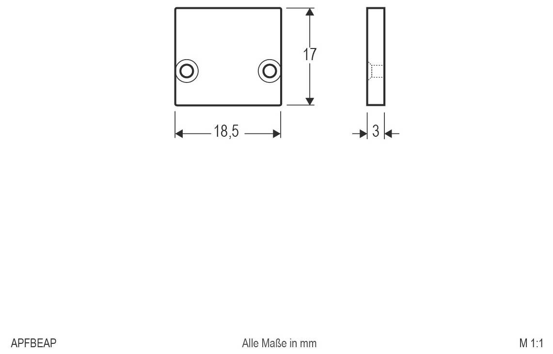 Dessin technique d'une plaque rectangulaire avec deux trous ; les dimensions indiquées sont 18,5 mm de largeur, 17 mm de hauteur et 3 mm d'épaisseur.