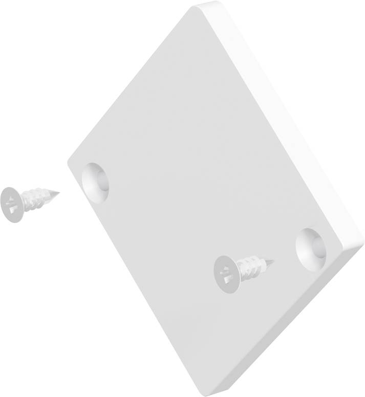 Bloc rectangulaire blanc avec deux trous encastrés et deux vis positionnées autour, suggérant un matériel d'assemblage ou de montage.