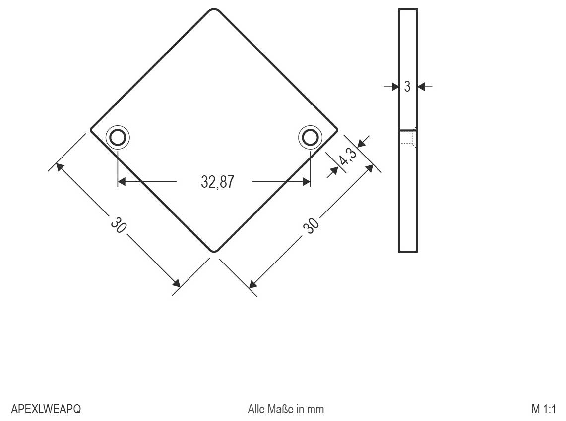 Dessin technique dimensionné d'une plaque en forme de diamant avec deux trous circulaires ; les dimensions indiquées en millimètres incluent 32,87 de largeur, 30 de côtés, 4,3 d'espacement des trous, et 3 d'épaisseur.