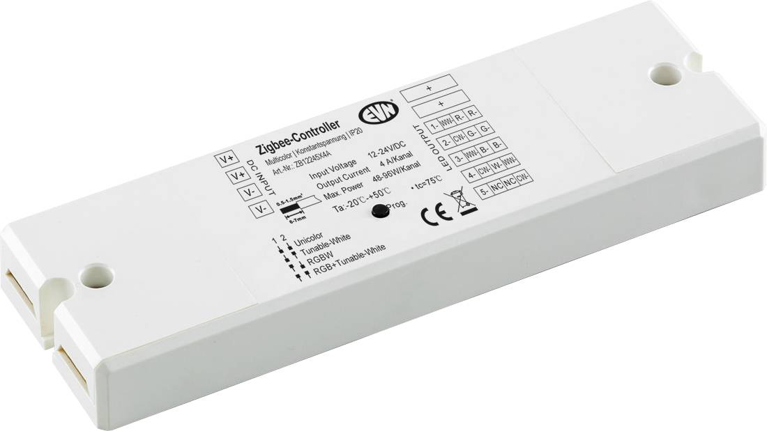Module de contrôle Zigbee blanc avec câblage imprimé et étiquettes de tension sur un boîtier rectangulaire.