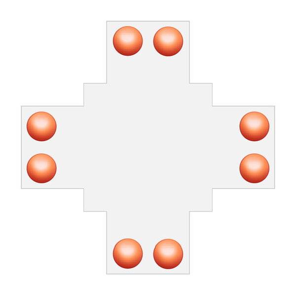 Une croix blanche avec six boules rouges aux extrémités des branches de la croix. Design symétrique avec une distance égale entre les boules.