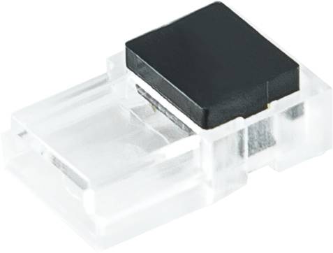 Connecteur électrique en plastique transparent avec un capuchon rectangulaire noir, présenté sur un fond blanc.