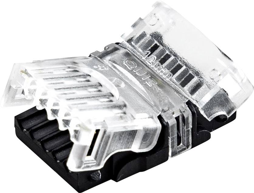 Gros plan d'un connecteur de câble Ethernet transparent (RJ45) avec une base noire sur un fond blanc.
