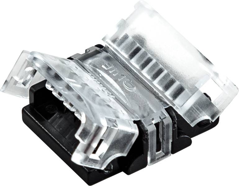 Connecteur à fiche en plastique transparent et fil noir avec couvercle à charnière, présenté sur un fond blanc.