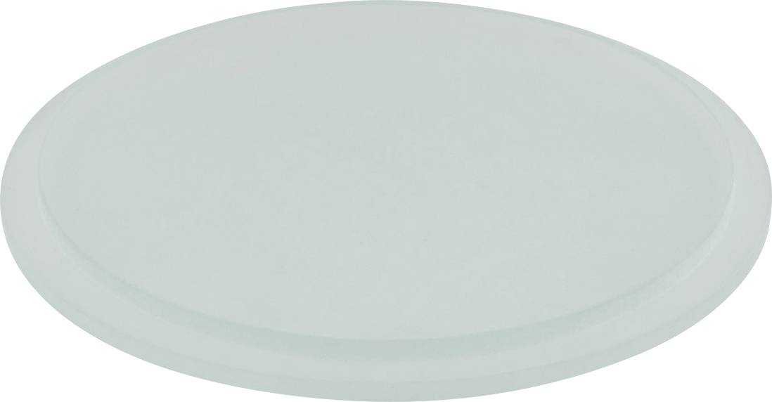 Disque ou couvercle ovale translucide vert pâle montré sur un fond blanc, vue de dessus.