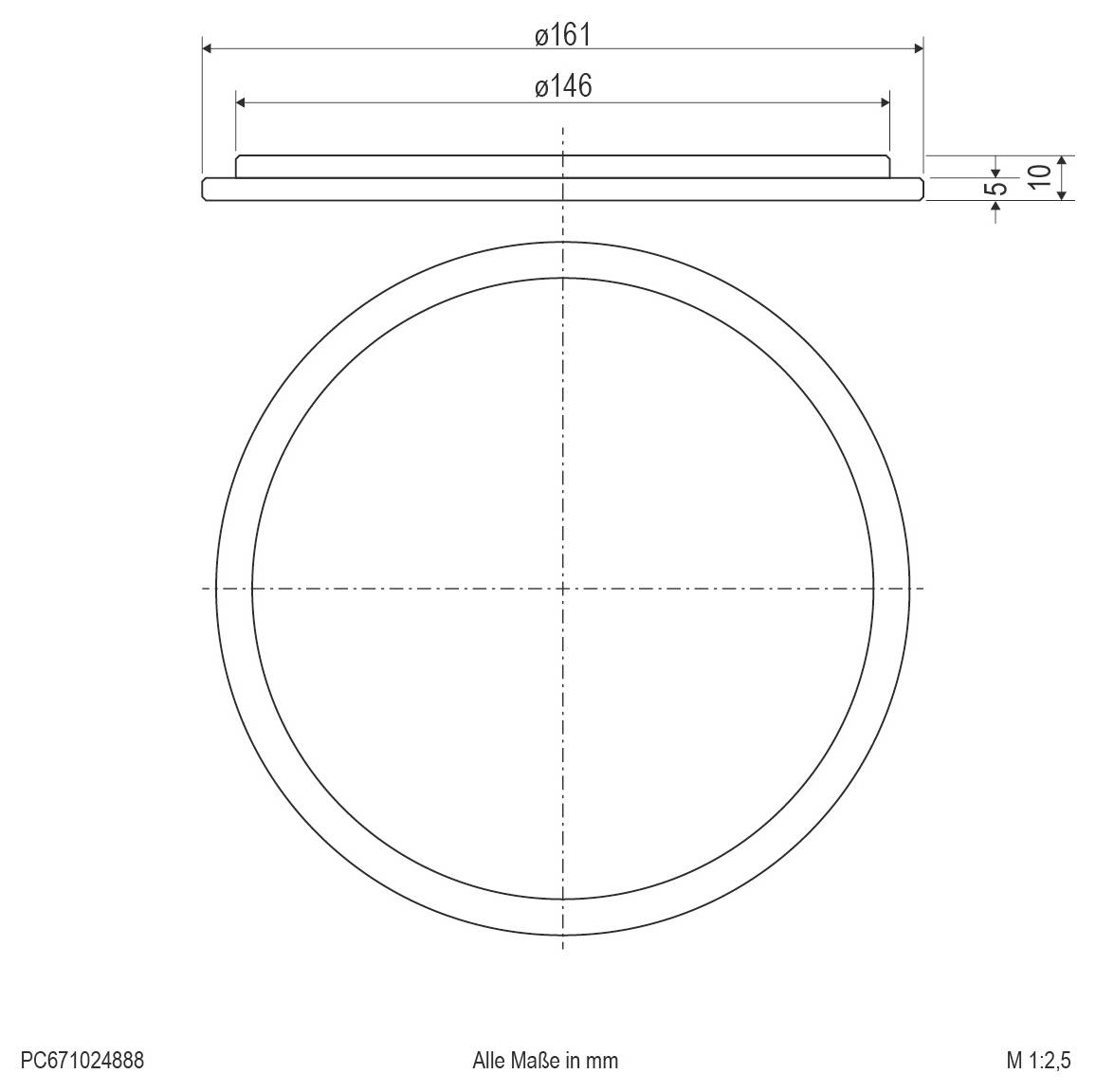 Dessin technique d'une pièce circulaire, vue de dessus et profil latéral, avec dimensions Ø161 et Ø146 mm, hauteur 5 et 10 mm, lignes d'axe indiquées.