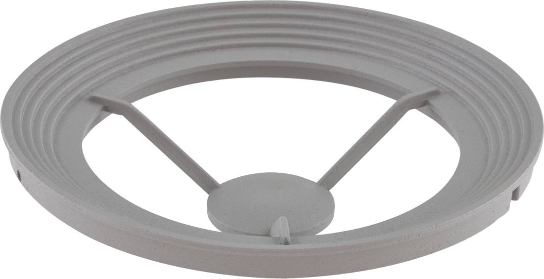 Couvercle de ventilation circulaire en plastique gris avec trois supports rayonnés et un moyeu central sur fond blanc.