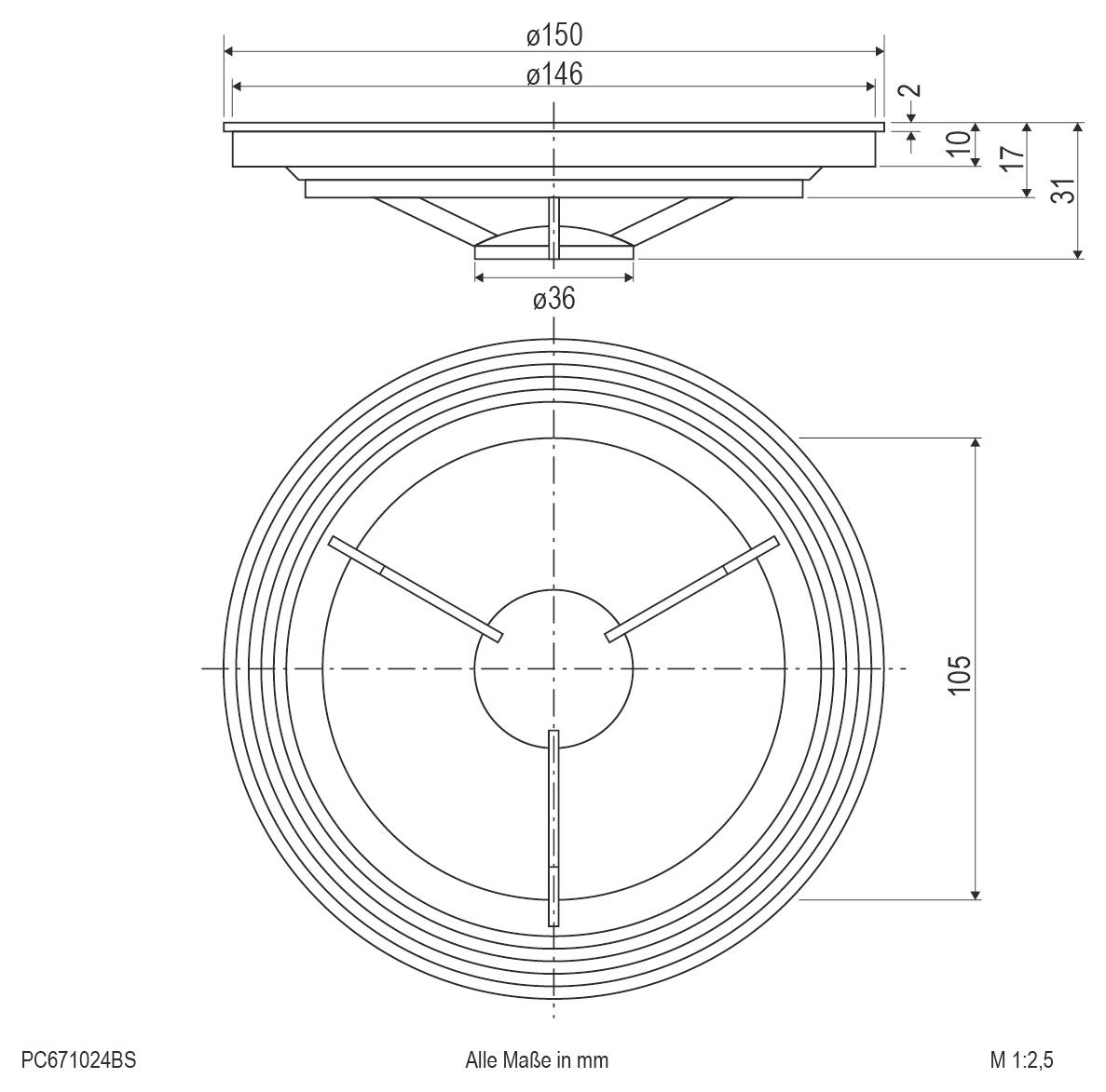 Dessin technique d'un composant circulaire en vues de dessus et de côté, montrant les diamètres, les hauteurs et une ouverture centrale de 36 mm ; toutes les mesures en mm.