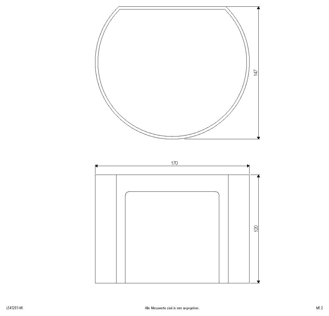 Dessin technique d'une pièce à sommet arrondi avec des dimensions de 147 de hauteur et 170 de largeur, montrant les vues de face et de dessus.