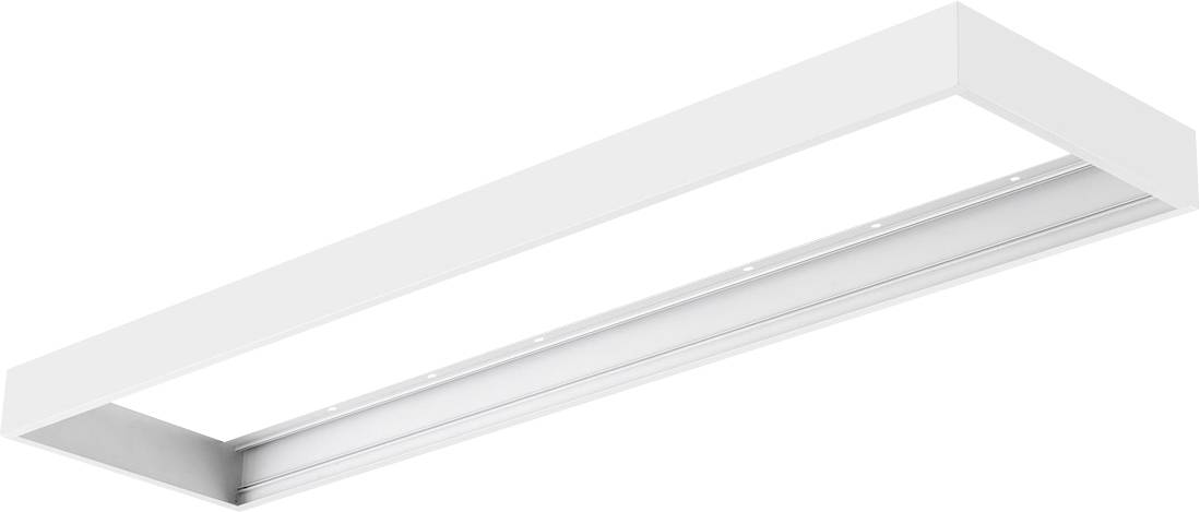 Luminaire de plafond fluorescent rectangulaire blanc avec un diffuseur long centré, présenté sous un angle sur un fond blanc uni.