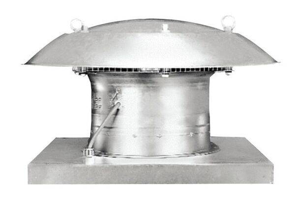 Un ventilateur de toit argenté avec un boîtier rond et un couvercle arrondi, adapté à la ventilation des bâtiments.