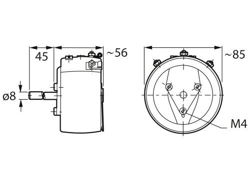 Dessin technique d'un dispositif cylindrique avec unités de mesure en millimètres : Ø8, Ø85, 45, 56. Marquages M4 et autres détails.