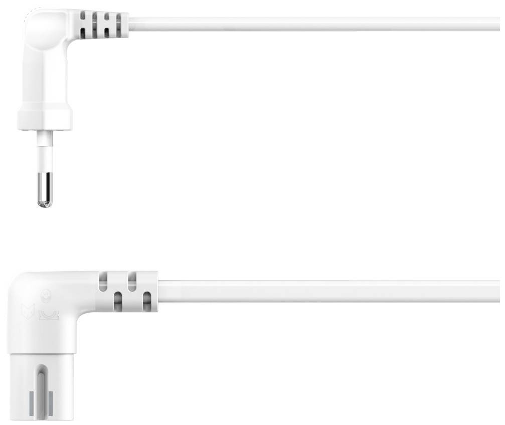 Câble de charge blanc et rectangulaire avec fiche pour appareils électroniques, adapté pour une connexion compacte aux prises électriques.