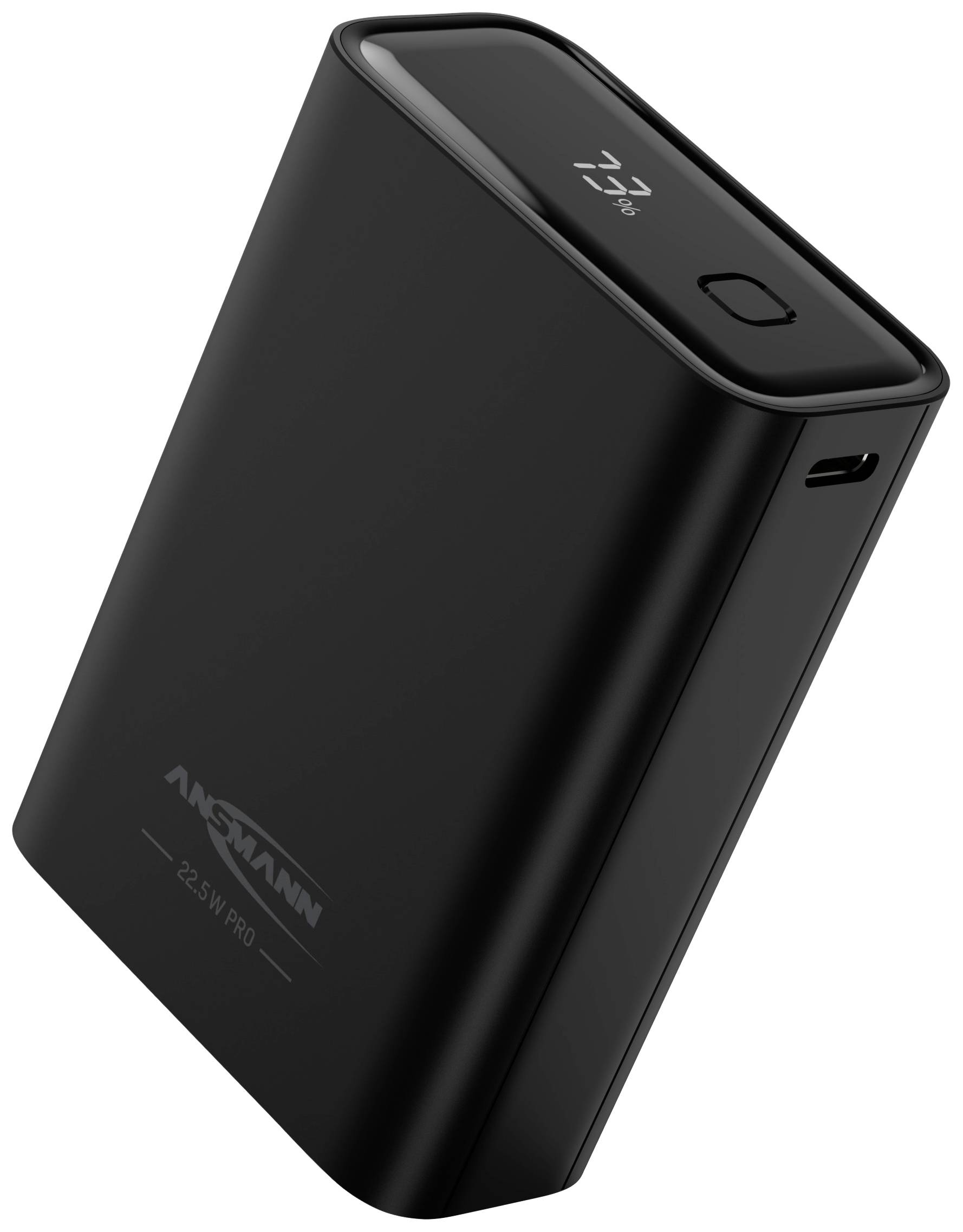 Batterie externe portable en noir, affichant le niveau de charge sur un écran numérique. Taille compacte avec port USB, adaptée pour charger vos appareils mobiles.