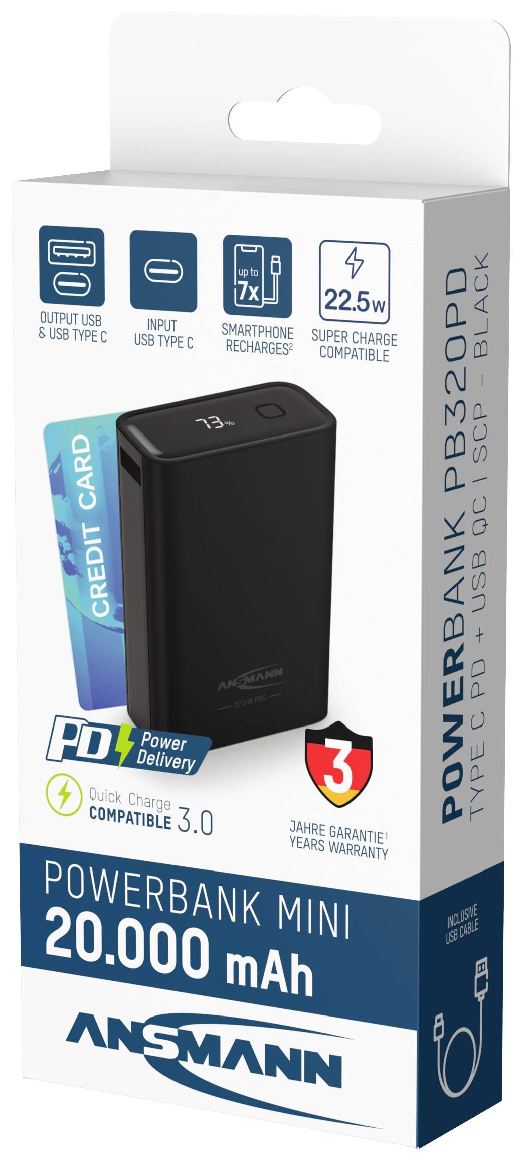 Powerbank Ansmann PB32PD de 20 000 mAh, avec ports USB Type C et A, charge rapide. Garantie de 3 ans. Compatible avec PD 3.0.