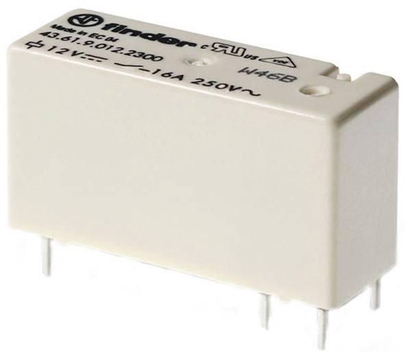 Un relais carré blanc portant l'inscription 'Finder', avec les spécifications techniques '12V⎓', '16A 250V~'. Il dispose de plusieurs broches de connexion.
