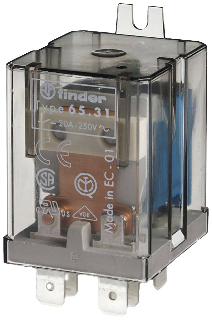 Relais en plastique avec contacts métalliques, étiqueté 'Finder Type 65.31, 20A 250V'. Contient plusieurs logos de certification.