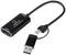 Un adaptateur de capture vidéo USB noir avec entrée HDMI et port USB, utilisé pour enregistrer des signaux vidéo et audio.