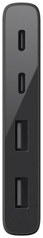 Appareil électronique noir avec deux ports USB-C en haut et deux ports USB-A en dessous, disposés verticalement.