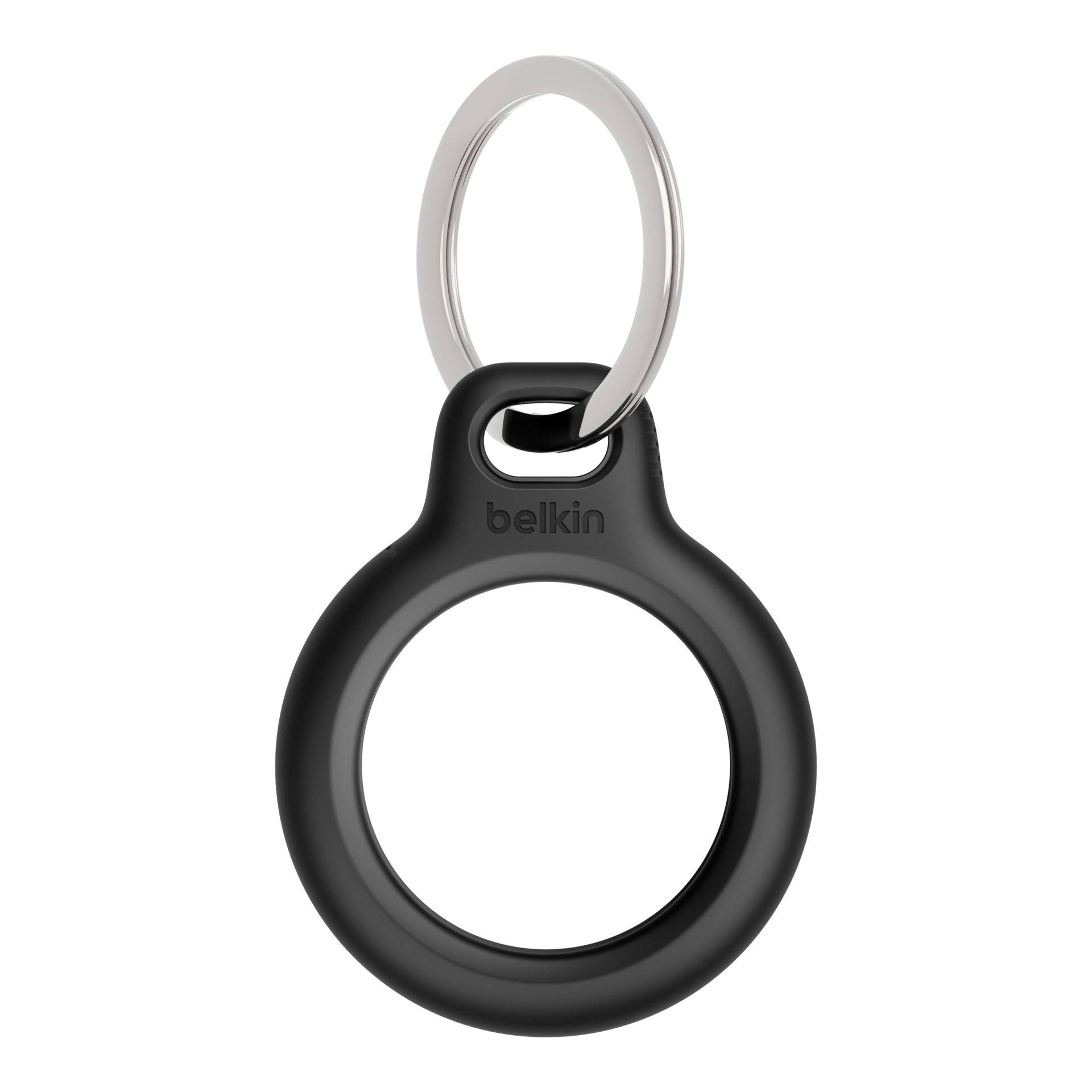 Étui noir Belkin pour porte-clés, conçu pour fixer un AirTag sur des clés ou des sacs.