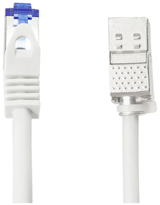 'Image d'un câble USB blanc avec une fiche USB sur le côté droit et une fiche réseau bleue sur le côté gauche.'