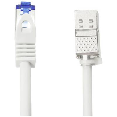 'Image d'un câble USB blanc avec une fiche USB sur le côté droit et une fiche réseau bleue sur le côté gauche.'