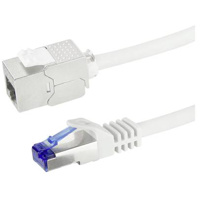 Un câble réseau blanc avec une fiche RJ45 en haut et un port en bas ; les deux connecteurs possèdent des parties métalliques argentées.