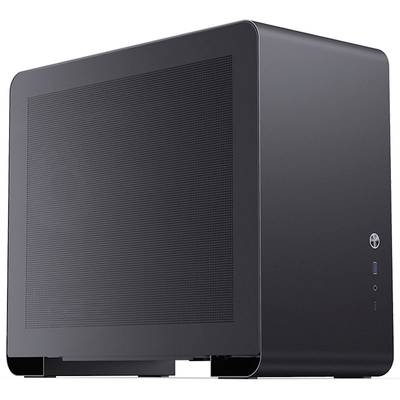 Un cube noir compact pour boîtier d'ordinateur posé sur une surface blanche, avec des fentes de ventilation sur le côté et des ports frontaux.