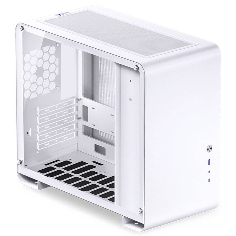 Boîtier d'ordinateur blanc et élégant avec panneau latéral transparent ; offre de l'espace pour les composants internes et une ventilation en partie supérieure.