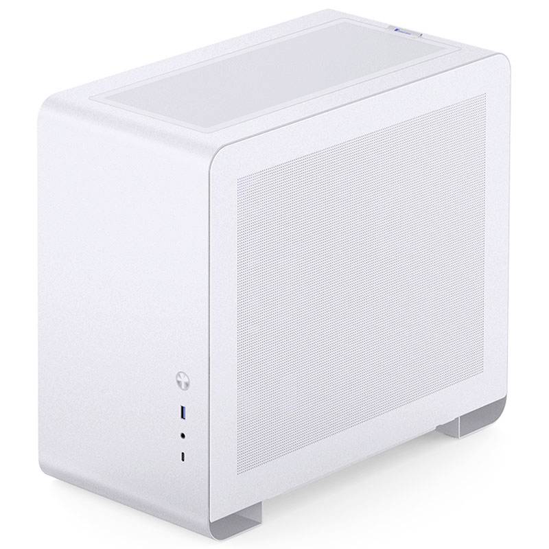 Un boîtier d'ordinateur compact de couleur argent avec un panneau latéral ventilé et des ports à l'avant. Idéal pour les PC nécessitant peu d'espace.